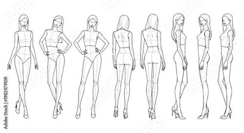 Set of 9 Fashion Croquis Female Figure Templates Vector
