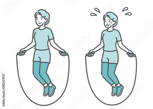 笑顔で縄跳びをするシニア女性と、汗だくで辛そうに縄跳びをするシニア女性の比較イラスト