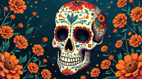 Day of the Dead sugar skull with intricate patterns and blooming marigold flowers