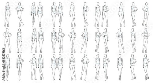 Fashion croquis female body templates, 40 professional fashion illustration poses, vector line art mannequin set for apparel design and sketching