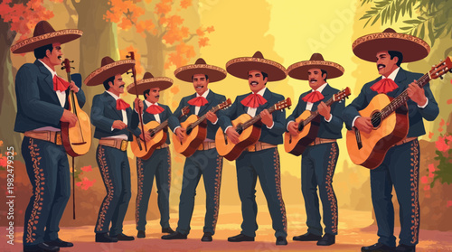 Seven mariachi musicians in traditional attire perform vibrant Mexican folk music outdoors.