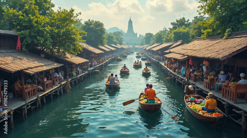 A vibrant traditional floating market bustles with activity on a river lined by wooden stalls.