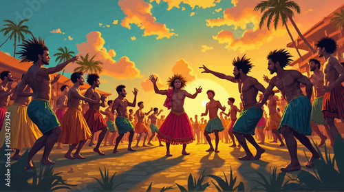 Island community celebrates with traditional dance at a colorful sunset