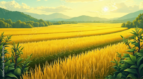 Vast golden agricultural landscape with distant mountains bathed in warm sunlight