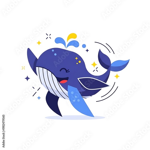 Animated illustration of a happy cartoon whale with a blue body, arched tail, and cheerful expression