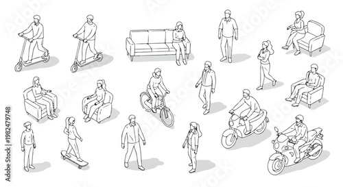 Isometric people line art collection, 16 vector characters in various poses, urban lifestyle figures riding scooters and sitting on furniture