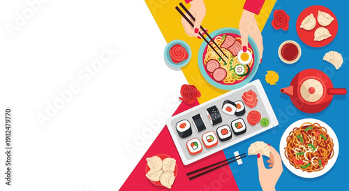Top view flat vector illustration of Asian food table with ramen, sushi, dim sum, and noodles.