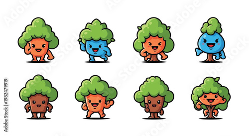 Cartoon trees set with different expressions and poses