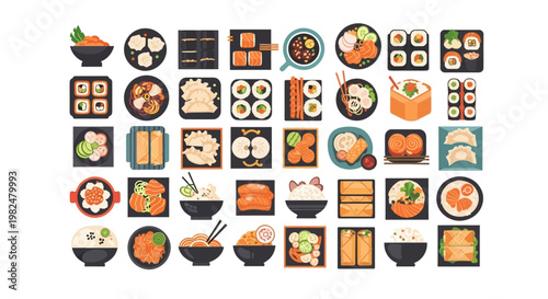 Asian Food Vector Icon Set, Sushi, Dim Sum, Ramen, and Seafood Dishes in Flat Design Top View Style.