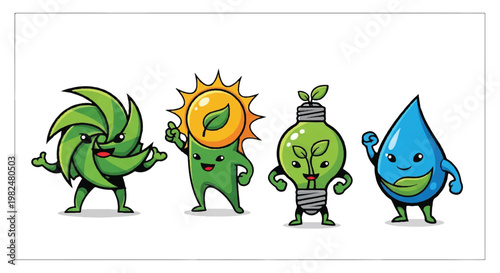 Cartoon characters promoting renewable energy and environmental concepts