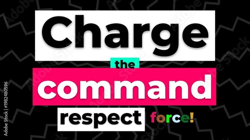 Bold typographic motion graphics for gym workout fitness motivation featuring the text Charge the command respect force. Gym motivation words