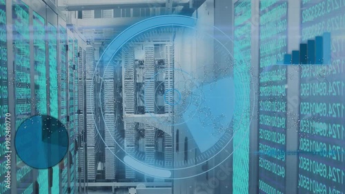 Server racks running scan in datacenter aisle, HUD rotating and highlighting metrics for monitoring