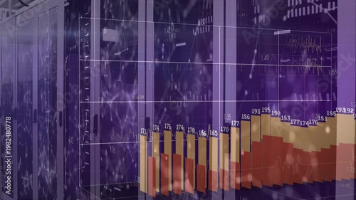 Server cabinets data center grid forming sparking 3D bars rising then falling to show performance