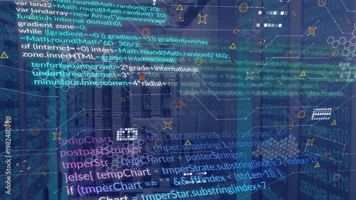 On telemetry spike server racks showing code overlays, hex nodes pulsing to show active processes