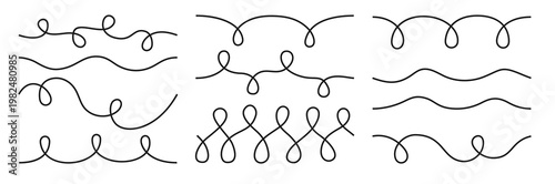 Seamless wavy swirl line pattern set. Flowing curves and continuous squiggle strokes. Thin doodle lines forming undulating abstract curvy stripes and tangled shapes. Minimal decorative border linework
