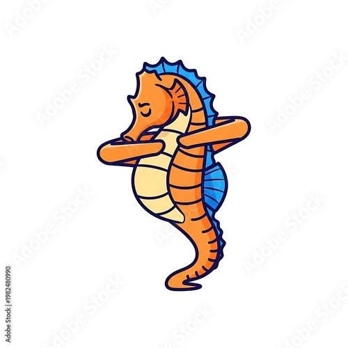 Animated illustration of a seahorse performing a yoga pose, depicted with an orange body, blue fins, and a light-cream belly