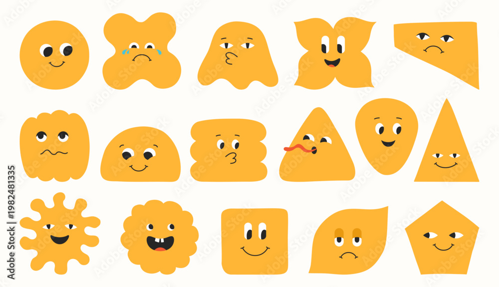 Fototapeta premium Geometric characters set, blob shapes and expressive comic smiling childish different faces. Abstract playful figures eyes, emotions quirky forms. Fun modern cartoon geometry drawing happy face art