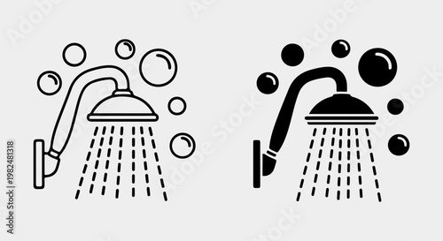 Two variations of a shower head icon featuring water droplets and bubbles presented in both simple line art style and solid black graphic design format for modern bathroom user interfaces.