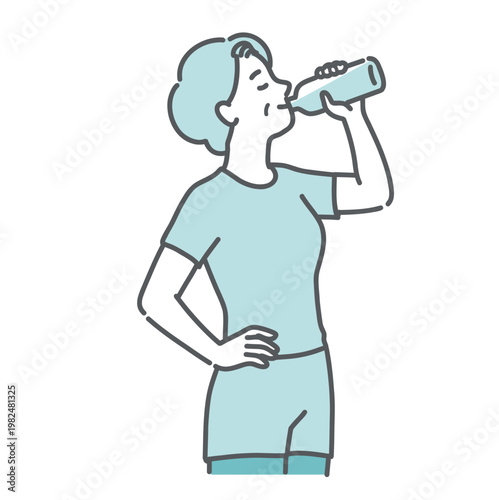 ペットボトルで笑顔で水分補給をしているシニア女性のイラスト
