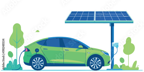 solar panel with solar panels on green grass with eco car