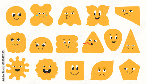 Geometric characters set, blob shapes and expressive comic smiling childish different faces. Abstract playful figures eyes, emotions quirky forms. Fun modern cartoon geometry drawing happy face art