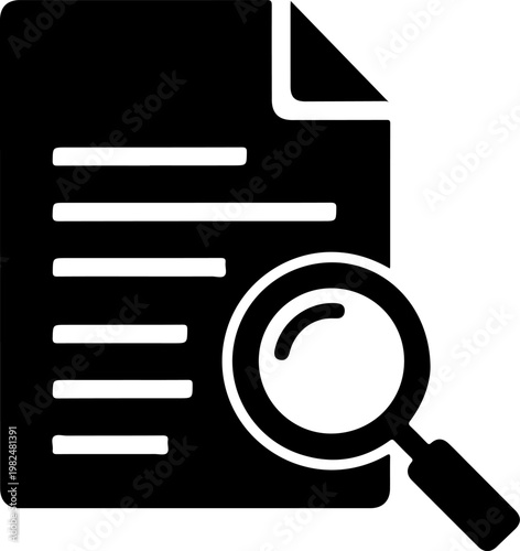 A clean and modern vector icon depicting a digital document being carefully examined by a magnifying glass, symbolizing thorough search, detailed analysis, and precise data retrieval for various infor