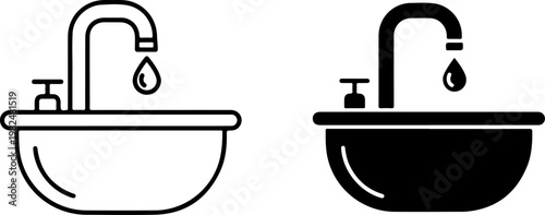 Simple black and white line art vector icons of a bathroom sink with a dripping faucet displayed in both outlined and solid filled styles for modern graphic design projects