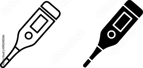Two simple digital thermometers are displayed as flat vector icons representing medical equipment used for measuring body temperature during routine health checkups and clinical examinations in a mode