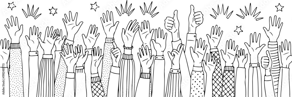 Fototapeta premium A vibrant hand drawn black and white illustration showcasing a diverse group of hands enthusiastically raised high, symbolizing celebration, unity, applause, and active participation in a joyful event