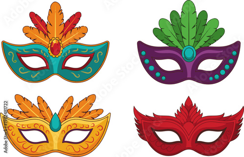 Four colorful carnival masks featuring intricate gold details and bright feathers designed for festive celebrations and masquerade parties or elegant costume events held during traditional holiday sea