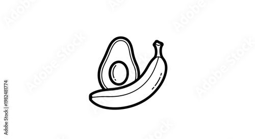 Simple black and white line art illustration of a ripe avocado half with a pit and a whole banana. Healthy fruit icon for diet and nutrition.