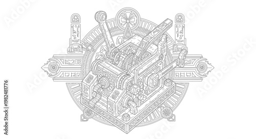 Intricate Mechanical Line Art Illustration: Detailed Engineering Blueprint Design with Gears, Levers & Complex Machinery
