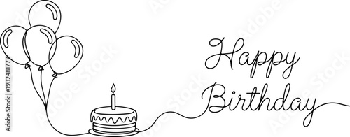 Simple continuous line drawing of a delicious birthday cake with a lit candle and festive floating helium balloons accompanied by elegant handwritten cursive typography spelling out the words happy bi