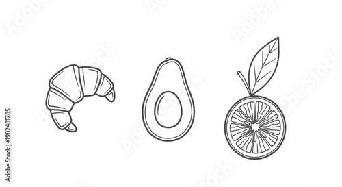 Minimalist line art icons of croissant, avocado, and orange slice. Healthy breakfast and fresh food elements vector illustration.