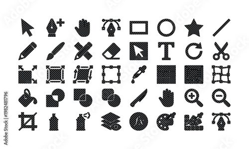 Graphic design software icons set, 48 black vector toolbar symbols, creative editing tools for digital illustration and photo manipulation