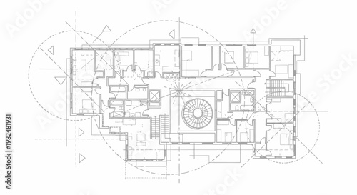 Architectural floor plan blueprint with geometric design lines, showing a detailed building layout for modern house construction or real estate project.