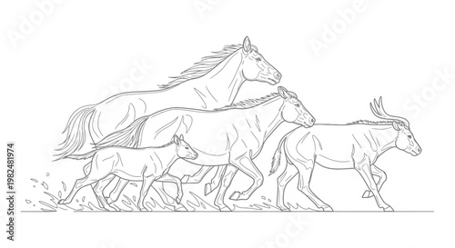 Evolution of horse running through different prehistoric stages to modern equine, outline illustration of ancient mammals