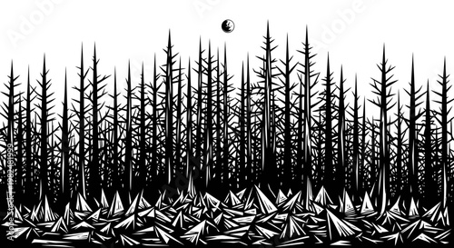 Stylized monochrome landscape with dense, dark forest trees and jagged, spiky foreground formations under a small moon. High contrast black and white graphic illustration.
