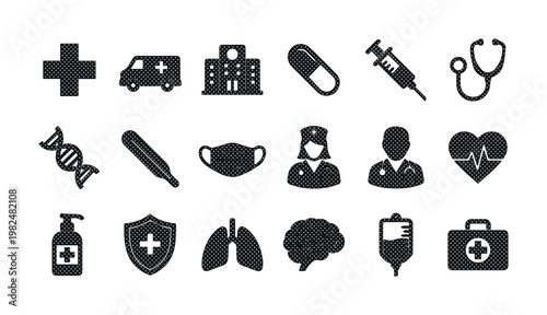 Medical icon set with 18 black vector symbols, healthcare and hospital equipment silhouettes, professional doctor and nurse avatars for clinic apps