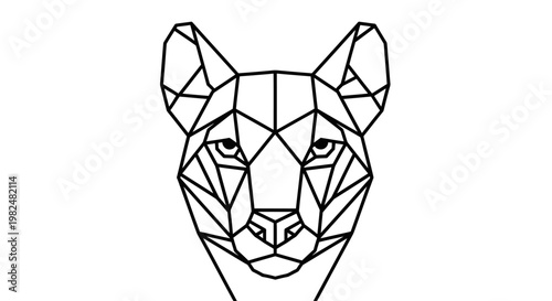 Geometric cougar head line art illustration. Polygonal wild cat, puma, or mountain lion face in minimalist black and white vector design.