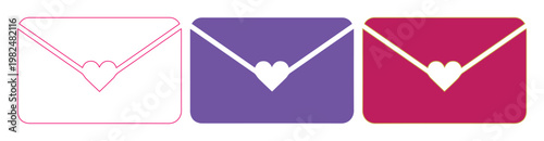 Romantic heart envelope icons, set of 3 vector mail symbols in pink and purple, love letter stationary for wedding invitations and valentines day
