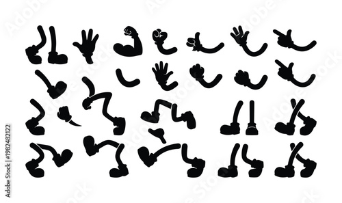 Vintage rubber hose cartoon arms and legs silhouettes, retro character animation body parts set, 24 black comic limbs vector icons