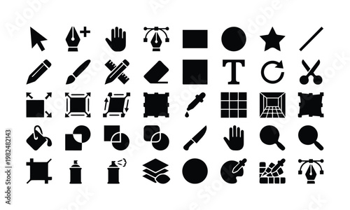 Graphic design software icons set, 40 professional vector editing tools, black solid glyph symbols for digital art and creative illustration apps