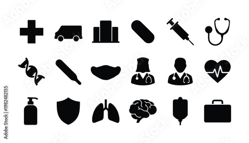 Medical icon set with 18 black silhouettes, healthcare symbols for hospital infographics, medicine and wellness vector elements on white background