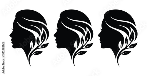 Elegant woman profile silhouette with floral leaf accents, beauty salon logo vector set, feminine hair and face profile icons for organic skincare branding