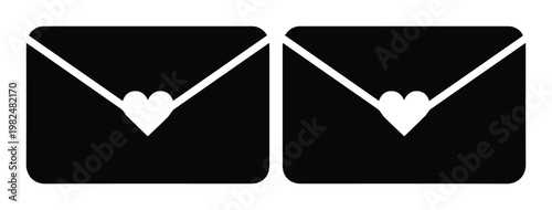 Minimalist love letter envelope icons with heart seal, black silhouette mail set of 2 vector elements, romantic message and wedding invitation symbols