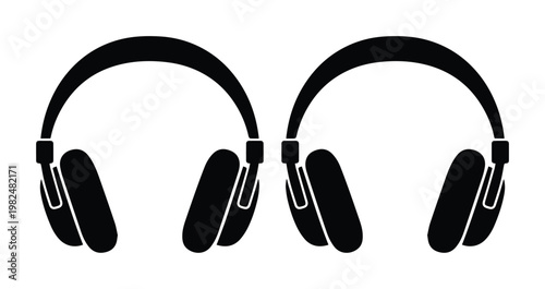 Minimalist black headphones icon set, modern wireless headset vector silhouette, professional audio equipment symbols for music and podcasting