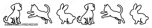 Minimalist pet animal line art icons, set of 6 black outline vector illustrations, cute dog cat and rabbit silhouettes for veterinary branding