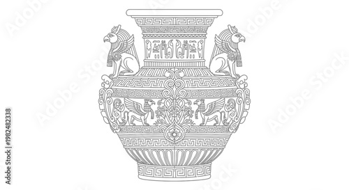 Intricate monochrome vector illustration of a classical ornate urn, adorned with mythological creatures, elegant patterns, and ancient motifs.