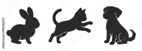 Minimalist pet silhouettes of a rabbit, cat, and dog. Black halftone textured animal icons. Set of 3 domestic pet vector graphics for vet clinics.
